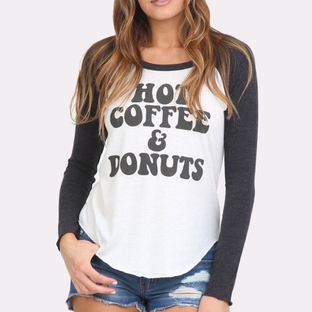 Chaser Hot Coffee & Donuts Baseball Raglan Graphic Tee White Charcoal Grey New